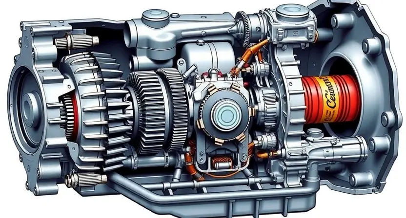 A detailed illustration of an automatic transmission system with visible gears, shafts, and hydraulic components. The image should highlight the P2702 error code and its potential causes within the transmission. Focus on technical accuracy and clarity.