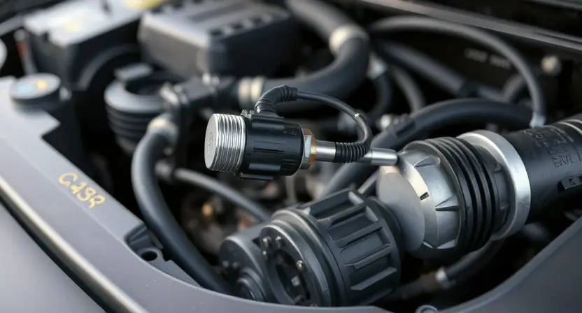 A close-up shot of a car's engine bay, focusing on the oxygen sensor and related wiring. The engine should be clean and well-maintained. The background should be slightly blurred to emphasize the sensor.