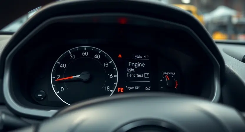 A close-up shot of a car's dashboard displaying a warning light. The dashboard should be clean and modern, focusing on the illuminated warning indicator. The car's interior should be subtly visible but not distracting. The overall lighting should be realistic, mimicking a car's interior lighting conditions. Focus on conveying a sense of concern or potential issue without being overly dramatic.