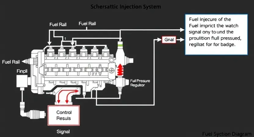 A detailed schematic diagram of an engine fuel injection system, highlighting the P0257 error code and its implications. The diagram should clearly show the fuel rail, fuel injectors, fuel pressure regulator, and the control unit. Focus on the signal flow and potential points of failure related to fuel pressure.