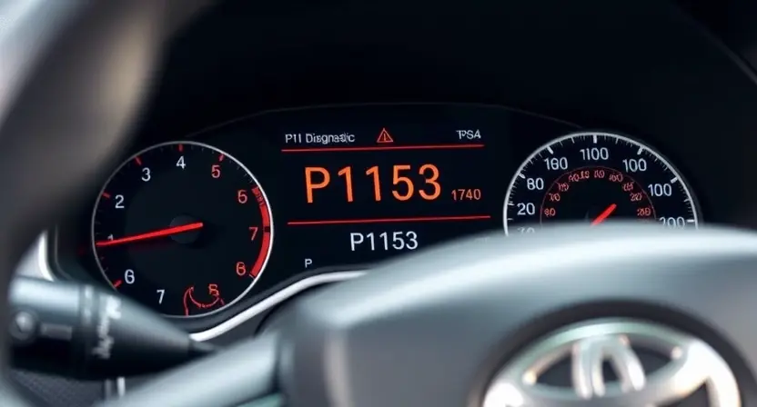 A close-up shot of a Toyota vehicle's dashboard with a diagnostic screen displaying 'P1153' error code. The background should be slightly blurred, focusing attention on the screen. The car should be clean and modern looking. Focus on the error code display.