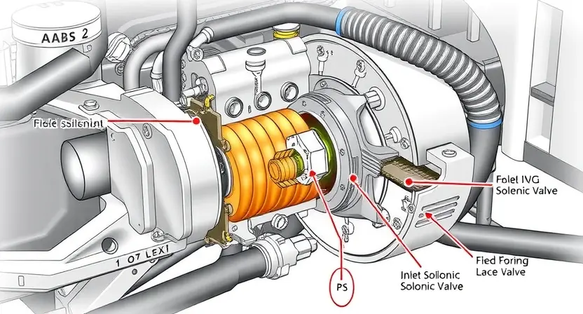 A high-quality technical illustration showing the ABS (Anti-lock Braking System) of a modern car, focusing on the inlet solenoid valve and its hydraulic circuit, with clear labels and schematic lines indicating fluid flow, realistic materials, and detailed engineering components