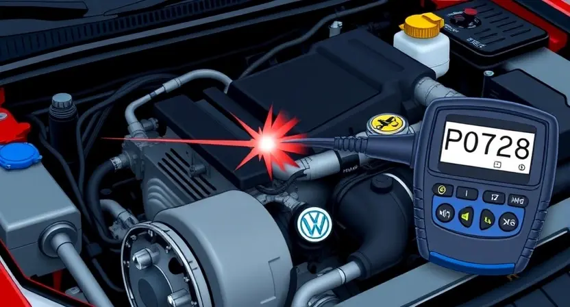 A detailed illustration of a car's engine bay with a diagnostic tool connected to the vehicle's computer. Focus on the area where the P0728 error code might be related to, such as the transmission or valve body. Include visual cues representing the error code (e.g., a flashing light or a digital display showing the code).