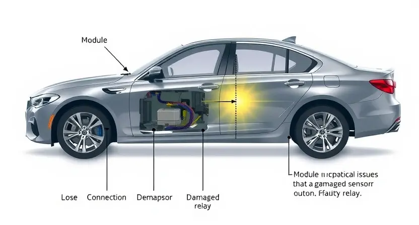 A detailed illustration of a car's adaptive lighting system, focusing on the module and wiring. Show potential mechanical issues like a loose connection, a damaged sensor, or a faulty relay. The car should be a modern sedan, partially visible in the background.