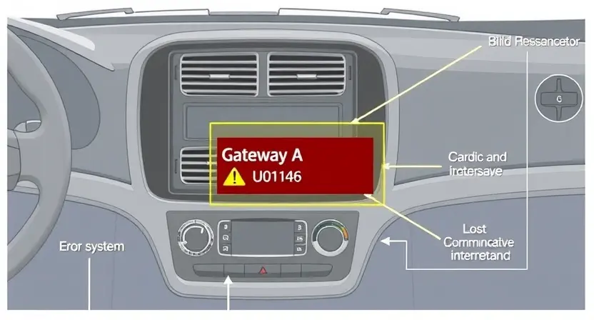 A technical illustration showing a vehicle's electronic control system with a highlighted gateway module labeled 'Gateway A', displaying a warning icon or error code U0146, surrounded by schematic lines and network connections indicating lost communication, clean technical diagram style