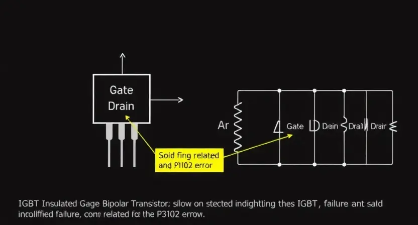 A detailed schematic diagram of an IGBT (Insulated Gate Bipolar Transistor) with clear labels for its terminals (Gate, Drain, Source). The diagram should also show a simplified circuit incorporating the IGBT, highlighting the potential failure point related to the P3102 error. Include visual indicators of electrical flow and potential fault zones. Focus on technical clarity and accuracy.