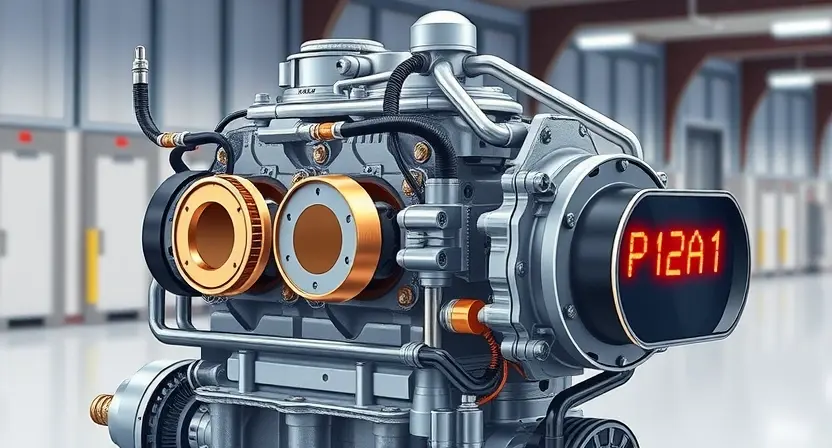 A detailed technical illustration of a high-pressure fuel pump (ТНВД) from an EcoBoost engine, showing internal mechanical components like plungers, camshaft, and fuel rails, with subtle electrical wiring and sensor connections visible, set against a clean industrial background; include faint diagnostic error code 'P12A1' glowing softly on a nearby digital display, no text on mechanical parts, realistic lighting, high detail