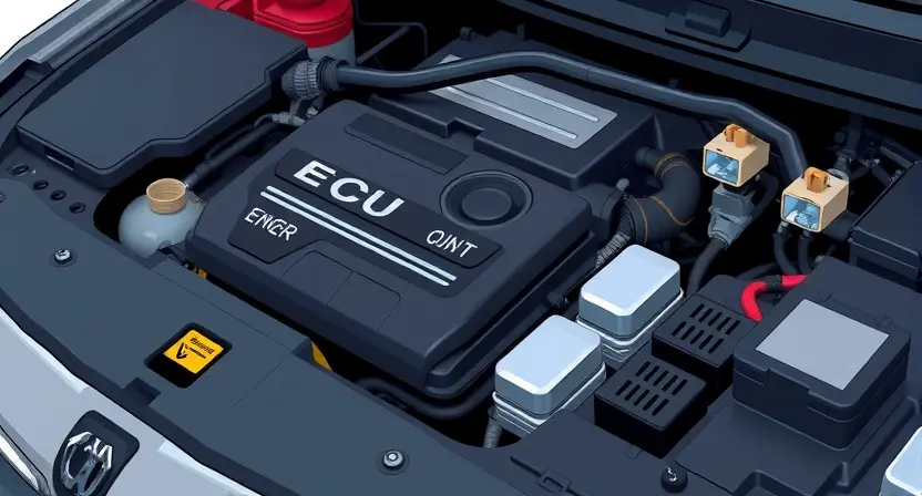 A close-up, detailed illustration of a car's engine bay. Focus on the engine control unit (ECU) and related sensors, highlighting potential areas of malfunction. Use visual cues to represent error codes or diagnostic processes, such as subtle glowing indicators or diagnostic tools nearby. The overall composition should convey a sense of technical inspection and problem-solving.