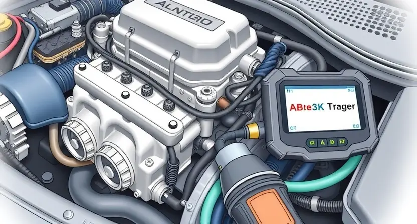 A detailed illustration of an automotive engine bay, focusing on the fuel injector and related components. The image should clearly show the fuel injector, its wiring, and the engine's overall structure. Include diagnostic tools like a scan tool connected to the engine's OBD-II port. The background should be slightly blurred to emphasize the engine components.