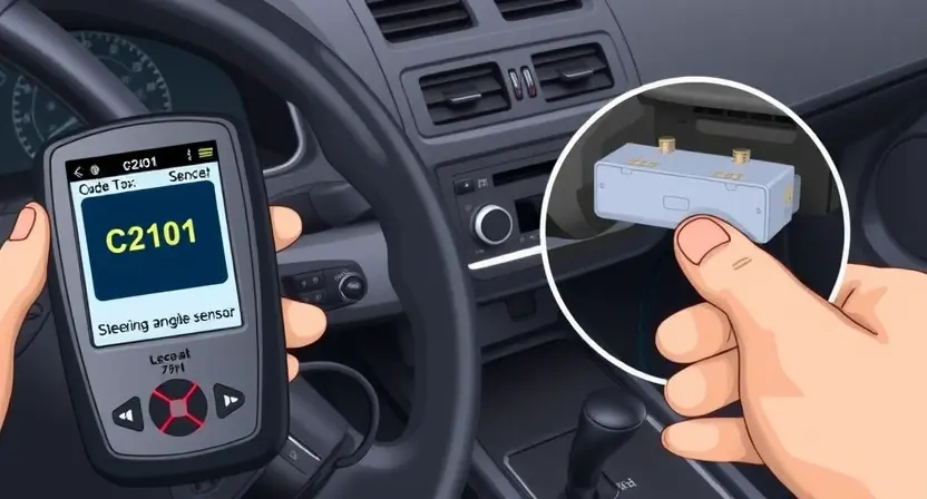 A detailed illustration of a car's diagnostic scanner connected to a vehicle's sensor, specifically the steering angle sensor. The scanner's screen displays error code C2101 with a visual representation of the low signal issue. The background shows a car dashboard and engine bay.