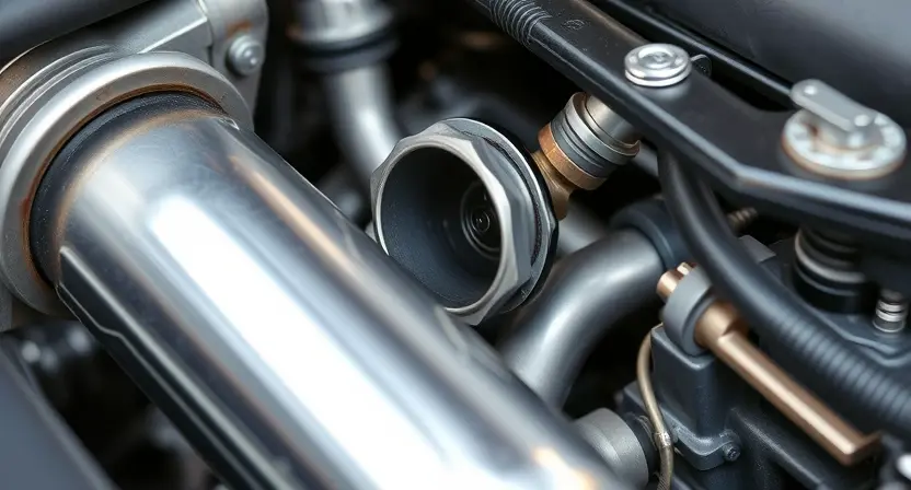 A close-up, detailed image of an automotive engine bay, specifically focusing on the exhaust manifold and oxygen sensor (Bank 2 Sensor 1). The sensor should be clearly visible, with surrounding engine components in sharp focus. The overall lighting should be bright and even, highlighting the metallic textures and details of the engine parts. The image should convey a sense of technical inspection and diagnostics.