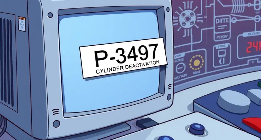 A detailed illustration of a computer system displaying an error message "P3497" related to cylinder deactivation. The image should focus on the error message and the system's interface, possibly showing diagnostic tools or component diagrams in the background.