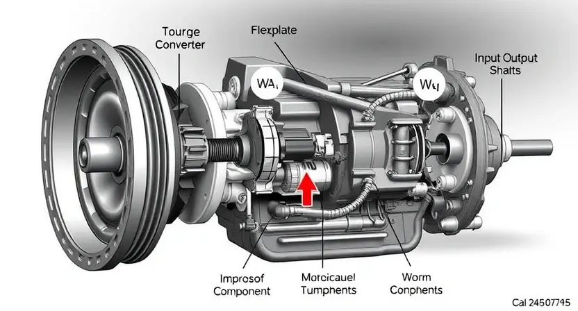 A detailed illustration of a car's transmission system, highlighting the torque converter, flexplate, and input/output shafts. Focus on the components related to the P0745 error code. Include visual cues representing the potential causes of the error, such as worn components or improper fluid levels.