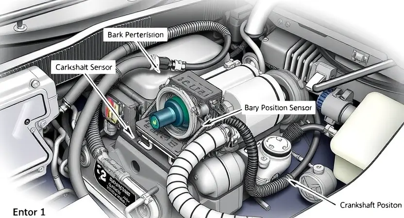 A detailed illustration of a car's engine bay, focusing on the position and appearance of the crankshaft position sensor. The sensor should be clearly visible, with labels indicating its function. Include wiring and connectors associated with the sensor. The background should be a slightly blurred engine bay environment.