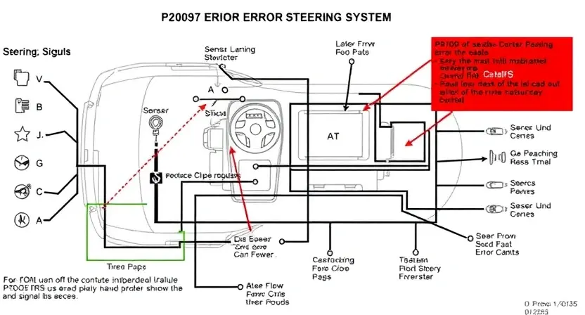 A detailed diagram illustrating a vehicle's steering system, highlighting the control circuit and signal flow. Focus on the components related to the P2009 error, such as sensors, actuators, and the control unit. Use clear, technical illustrations and labels to show the signal path and potential points of failure. The image should convey a sense of technical precision and diagnostic analysis.