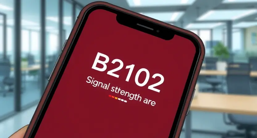 A close-up, detailed illustration of a smartphone displaying an error message "B2102". The screen should show a visual representation of a signal strength issue, perhaps with bars indicating a weak or unstable connection. The background should be a blurred depiction of a modern office environment.