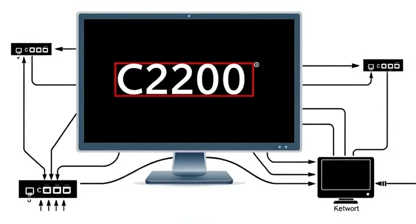 A detailed schematic diagram of a computer network with a highlighted error message 'C2200' displayed on a monitor. The diagram should show routers, switches, and network cables.