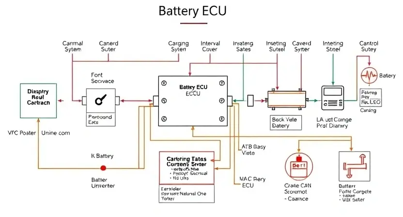 A detailed schematic diagram of a Battery ECU system, highlighting the high-voltage battery management functions and tasks. The diagram should clearly show the connections between the Battery ECU and other components like the battery, inverter, and charging system. Use clear labels and color-coding to differentiate various parts and functions. Focus on a clean, technical representation of the system architecture.