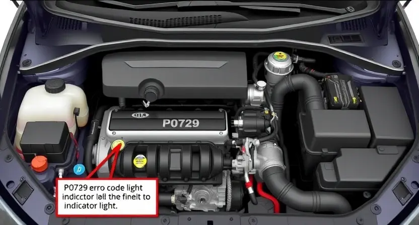 A detailed illustration of a car's engine bay, highlighting the P0729 error code indicator light on the dashboard. Focus on the sensor and control unit components, with clear visual cues representing the error message.