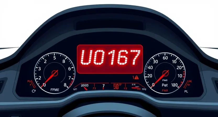 A high-quality technical illustration showing a modern car's onboard diagnostic system with a glowing error code U0167 displayed on a digital dashboard, surrounded by subtle circuit patterns and warning symbols, clean white background, professional lighting, no text or numbers visible on the image