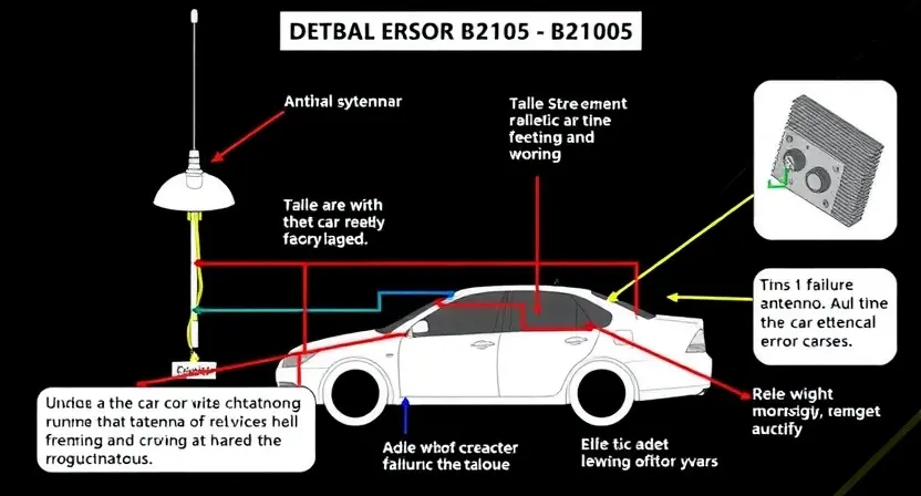 A detailed illustration of a car's antenna circuit, highlighting the B2105 error code. Include visual representations of the antenna, wiring, and potential points of failure. Focus on clarity and technical accuracy.