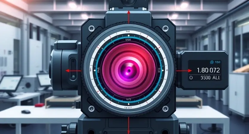 A high-quality technical illustration showing a calibrated front camera with a clean lens, accurate focus markers, and a digital interface displaying calibration parameters, set in a professional engineering environment with soft lighting and subtle background details, emphasizing precision and clarity