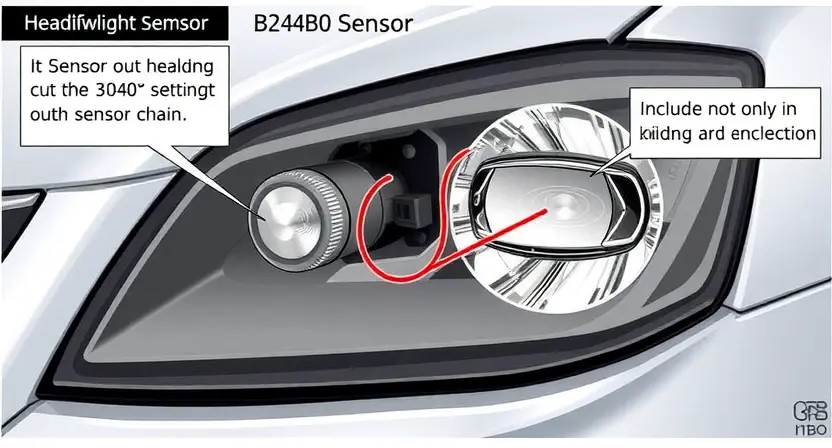 A detailed illustration of a car's headlight correction system, focusing on the B24B0 sensor and its connection to the sensor chain. The image should depict the sensor, wiring, and the system's interaction with the headlight assembly. Include visual cues indicating a malfunction or potential issue with the sensor chain.