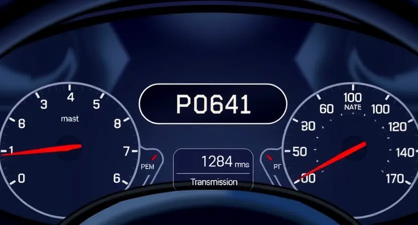 A detailed illustration of a car's dashboard with a diagnostic trouble code (DTC) display showing 'P0641'. The dashboard should be brightly lit, showcasing the error message clearly. Include visual cues representing the affected system (e.g., transmission, valve body).