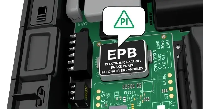 A close-up, detailed illustration of an electronic control unit (ECU) with visible circuit boards and connectors. Highlight the EPB (Electronic Parking Brake) module within the ECU. Include subtle visual cues indicating a potential malfunction, such as a slightly dimmed component or a faint warning light. Focus on the technical aspects of the unit, emphasizing its complexity and internal workings.