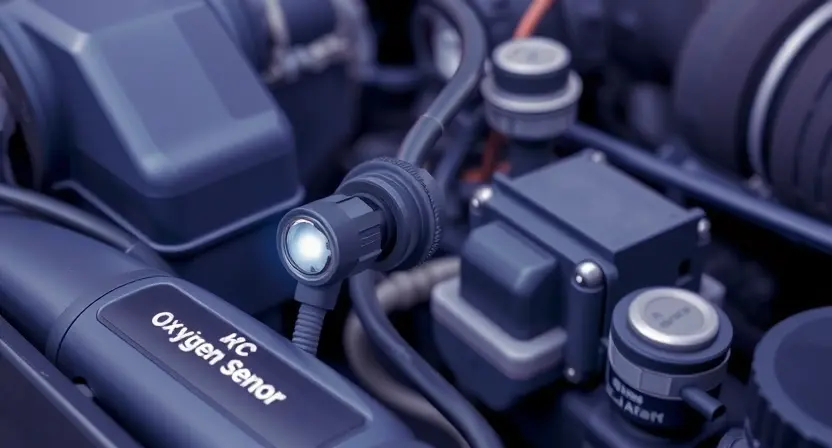 A close-up, detailed illustration of an automotive engine bay. Focus on the oxygen sensor and its wiring harness. Include subtle visual cues indicating a voltage issue, such as a slightly dimmed or flickering light near the sensor. The background should be blurred, emphasizing the sensor as the central element.