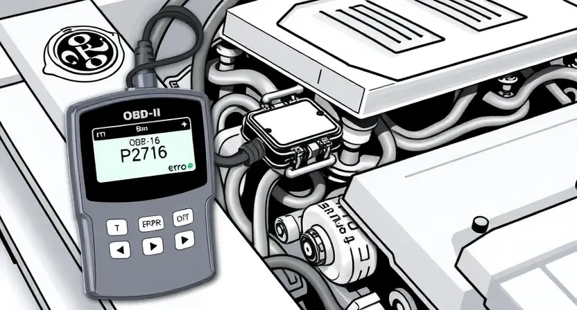 A detailed illustration of an OBD-II scanner connected to the diagnostic port of a car engine. The scanner should display a P2716 error code. The car engine should be partially visible, showing the diagnostic port. The background should be a clean, technical environment.