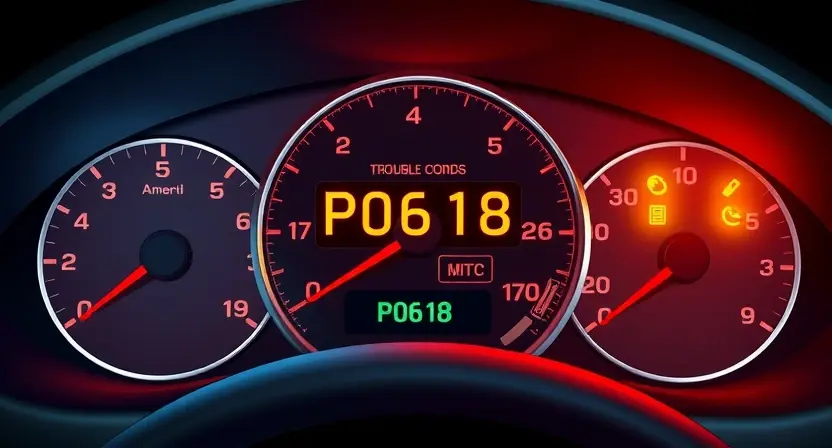 A detailed illustration of a car's dashboard with a diagnostic trouble code (DTC) light illuminated, displaying the error code P0618. The dashboard should show various gauges, buttons, and warning lights. Focus on the error code display clearly visible.