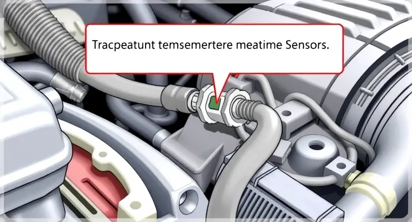 A close-up, detailed illustration of a car engine bay. Focus on the temperature sensor wiring and connections. Highlight a faulty or disconnected wire with a subtle visual cue (e.g., slightly frayed, disconnected connector). The overall scene should be clean and well-lit, emphasizing the mechanical components. The background should be blurred to keep the focus on the sensor area.