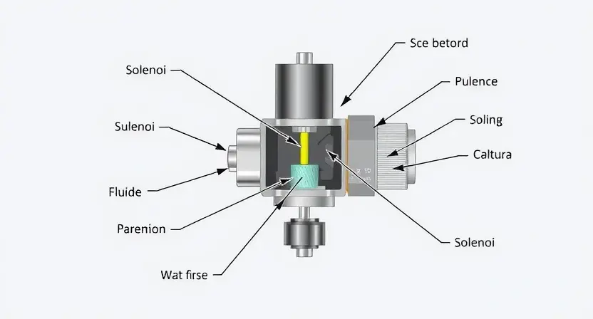 A detailed illustration of a solenoid valve used in a system, highlighting its internal components and connections. The image should clearly show the solenoid, its coil, plunger, and the flow paths for fluid. Include labels identifying each part. The background should be a clean, neutral color to emphasize the valve's details.