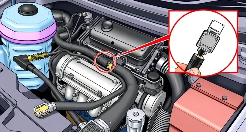 A detailed illustration of a car engine bay, focusing on the throttle position sensor and its wiring harness. Highlight the sensor's location near the throttle body. Use clear, bright colors to emphasize the components. Show a close-up of the wiring connection, indicating a potential point of failure.