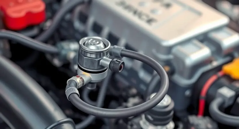A close-up, detailed illustration of an automotive engine bay. Focus on the oxygen sensor and its wiring harness. The sensor should be clearly visible, along with the electrical connectors and wiring. The background should show other engine components, slightly blurred, to emphasize the sensor. The overall lighting should be bright and clean, highlighting the details of the sensor and wiring. The image should convey a sense of technical precision and repair.