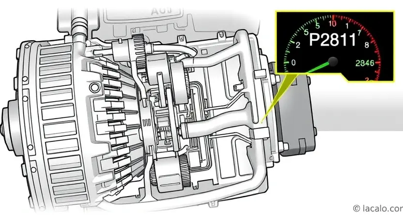 A detailed illustration of a car transmission system, highlighting the P2811 error code indicator. The image should show the transmission components (gears, shafts, etc.) and the error code displayed on a dashboard. Focus on clarity and technical accuracy.