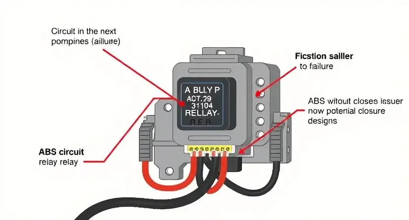 A detailed illustration of an ABS (Anti-lock Braking System) pump relay circuit. The image should clearly show the relay, wiring connections, and any potential points of failure related to a circuit closure issue. Focus on the electrical components and their physical arrangement within the system. The background should be a clean, neutral color to emphasize the circuit details.