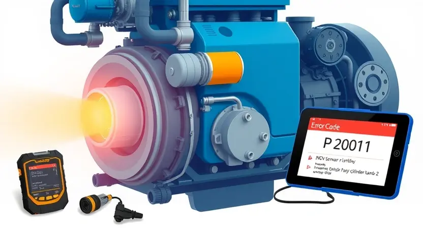 A high-quality technical illustration showing a diesel engine exhaust system with a glowing NOx sensor warning light on cylinder bank 2, surrounded by diagnostic tools and error code P2001 displayed on a tablet screen, clean technical diagram style with blue and orange highlights, no text or numbers on the image