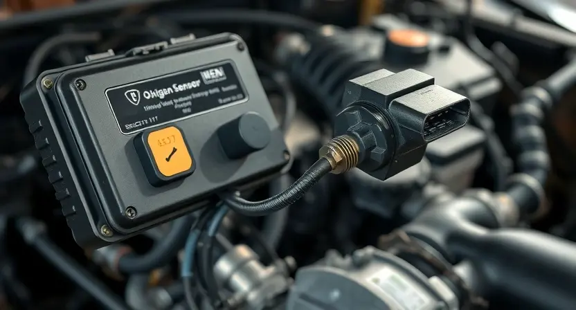 A close-up, detailed illustration of an automotive engine control unit (ECU) connected to a vehicle's oxygen sensor via wiring. The image should highlight the wiring harness and the sensor itself. Focus on the connection points and the overall complexity of the system. The background should be blurred, suggesting a workshop environment.
