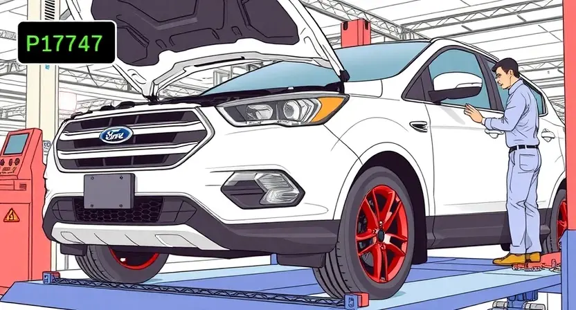 A detailed illustration of a Ford vehicle with a visible error code P1747 displayed on the dashboard. The car should be parked on a service lift, with a mechanic examining the engine. Focus on the diagnostic tools and the error code readout.