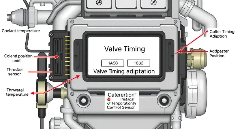 A detailed illustration of an engine control unit (ECU) with various sensors and actuators connected. Focus on the components related to valve timing adaptation, such as camshaft position sensors, throttle position sensor, and coolant temperature sensor. The background should be a clean, technical environment.