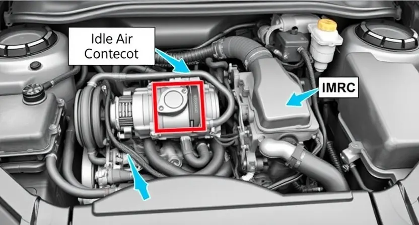 A detailed diagram illustrating the IMRC (Idle Air Control) system of a car engine. The diagram should clearly show the components of the IMRC, its location within the engine bay, and its connection to other engine parts. Include arrows indicating the airflow path. Focus on mechanical components and wiring connections.
