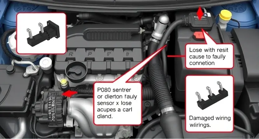 A detailed illustration of an automotive engine bay, focusing on the sensor circuit. Include visual representations of the sensor, wiring harness, and diagnostic tools. The image should clearly depict the potential causes of the P0180 error, such as a faulty sensor, loose connection, or damaged wiring.