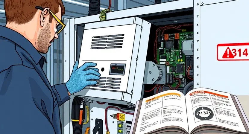 A close-up technical illustration of an inverter module being replaced in an industrial setting, showing a technician wearing safety gloves and goggles removing a faulty inverter unit from a control panel, with visible wiring, circuit boards, and diagnostic tools nearby; clean, well-lit workshop background with labeled parts and a service manual open to a page showing error code P3125