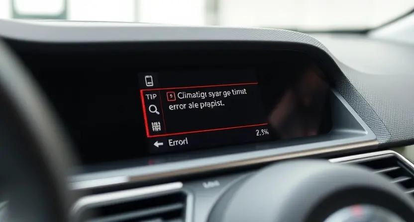 A close-up, detailed image of a car's dashboard, specifically focusing on the climate control system display. The display should show a warning message or an error indicator related to the climate control unit. The overall aesthetic should be clean and modern, highlighting the technological aspect of the car's interior. The focus is on the display itself, with the surrounding dashboard elements blurred slightly to draw attention to the error message. The car interior should be well-lit and appea