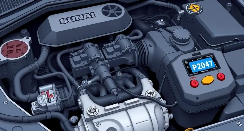 A detailed illustration of a car engine's fuel injection system. Focus on the fuel injector and its wiring harness. Highlight a broken or disconnected wire to visually represent the P2047 error. The engine should be clean and well-lit, showcasing the components clearly. Include subtle indicators of a diagnostic scan tool displaying the P2047 error code on a small screen.