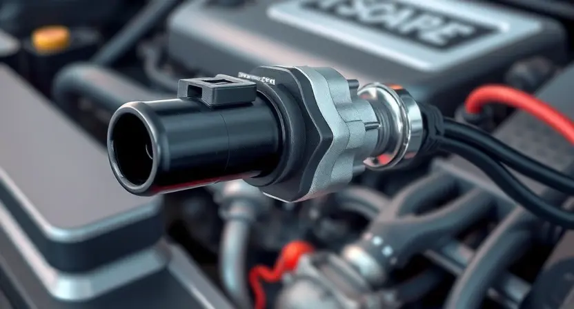 A close-up, detailed illustration of a car's throttle position sensor and its wiring harness. The sensor should be clearly visible, with emphasis on the electrical connections. The background should be a slightly blurred view of the engine bay, suggesting a car environment. Focus on the sensor's physical components and the quality of the wiring.