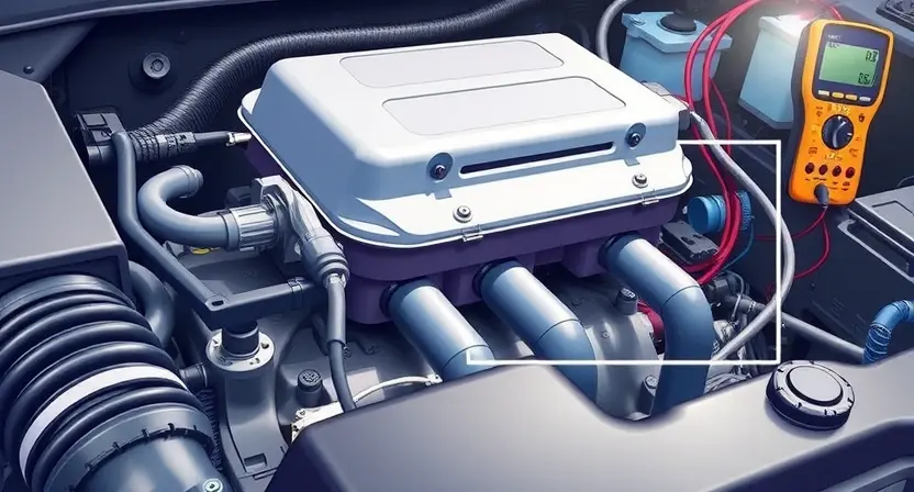 A detailed illustration of an automotive engine bay, focusing on the exhaust gas temperature sensor and its wiring. The sensor should be clearly visible, along with the associated wiring harness and connectors. Include diagnostic tools like a multimeter or scan tool in the background to indicate a technical inspection. The overall lighting should be bright and focused on the sensor area.