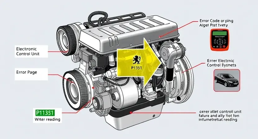 A high-quality technical illustration showing a diesel engine of a Peugeot or Citroën vehicle with highlighted electronic control unit and fuel injection system components, surrounded by diagnostic symbols like error code P1351, multimeter readings, and wiring diagrams, all rendered in a clean, professional style suitable for automotive repair documentation
